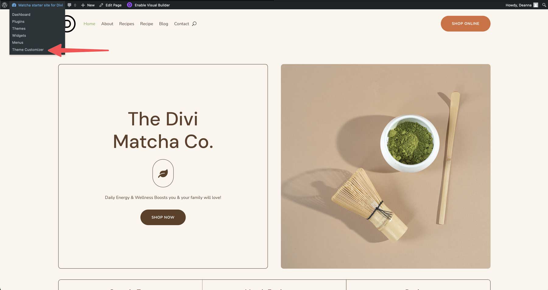 Witryna startowa matcha dla Divi