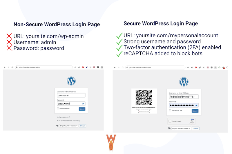 صفحة تسجيل الدخول الآمنة مقابل ووردبريس غير آمنة - المصدر: WP Rocket