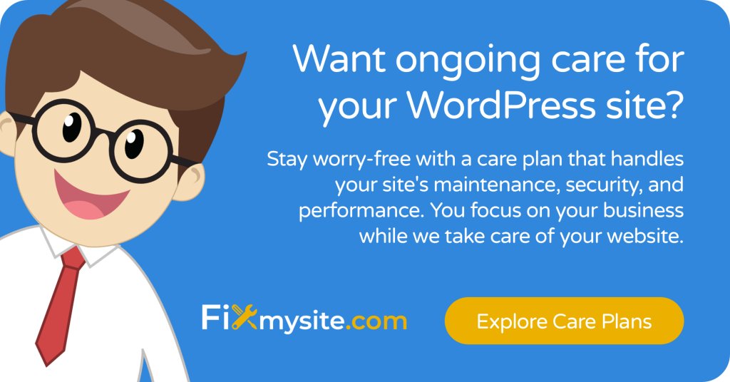 WordPressサイトの継続的なケアが必要ですか？サイトのメンテナンス、セキュリティ、およびパフォーマンスを処理するケアプランでは、心配を維持してください。私たちがあなたのウェブサイトの世話をしている間、あなたはあなたのビジネスに焦点を合わせます。ケア計画を探索します。
