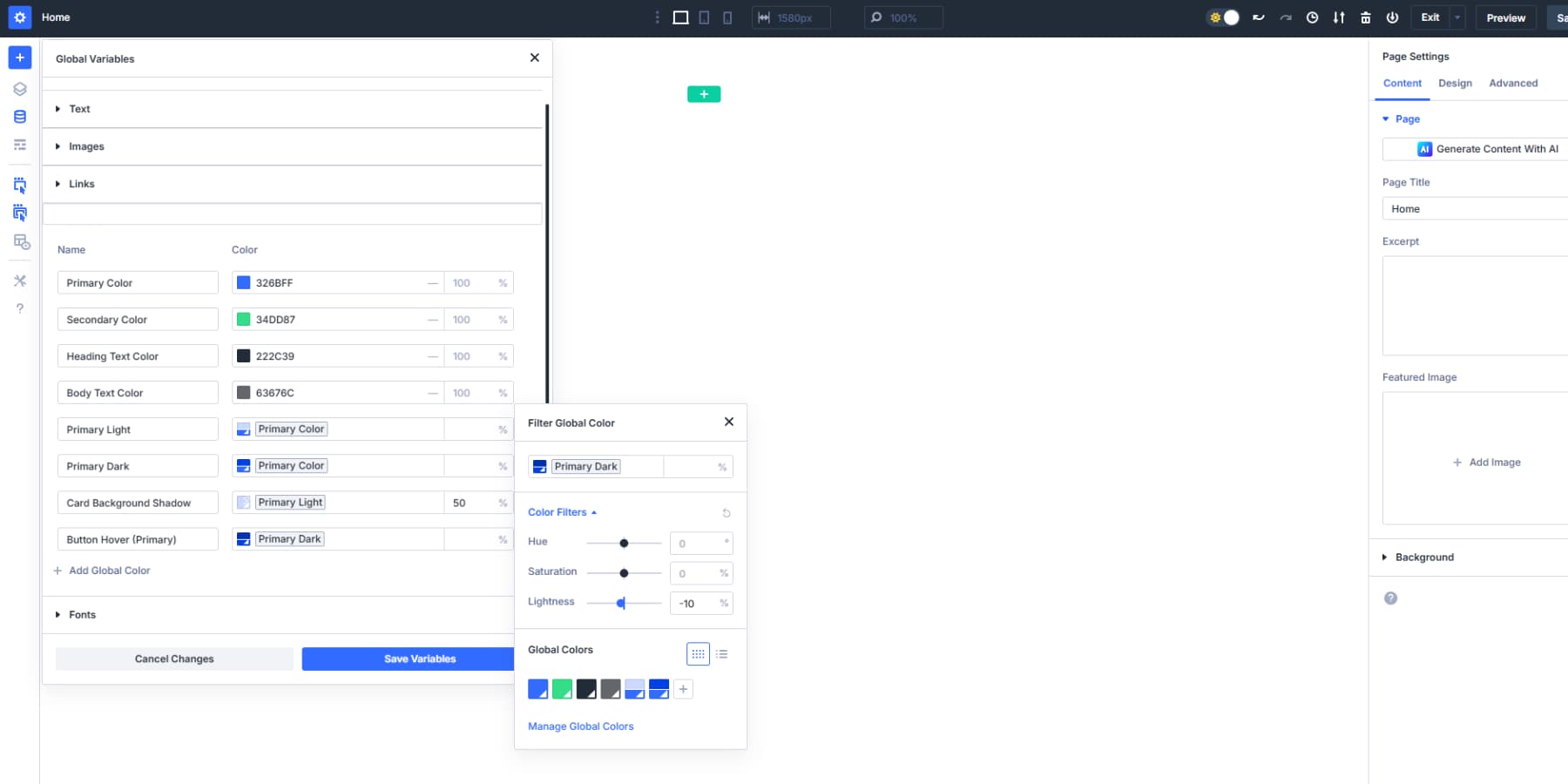 Divi 5の設計変数のバリエーションを使用して、より多くの色を作成するスクリーンショット