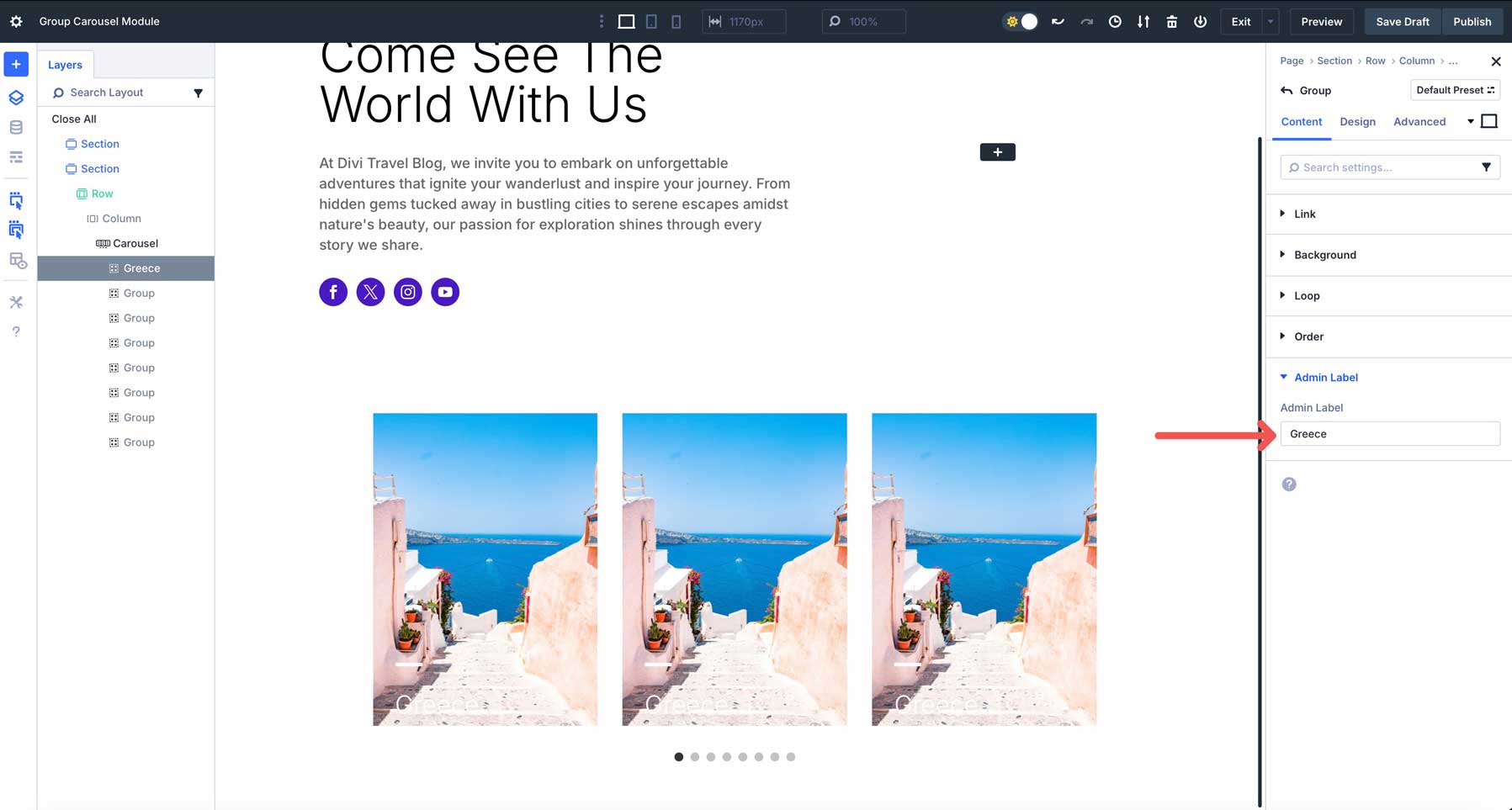 Divi 5中的組旋轉木載模塊