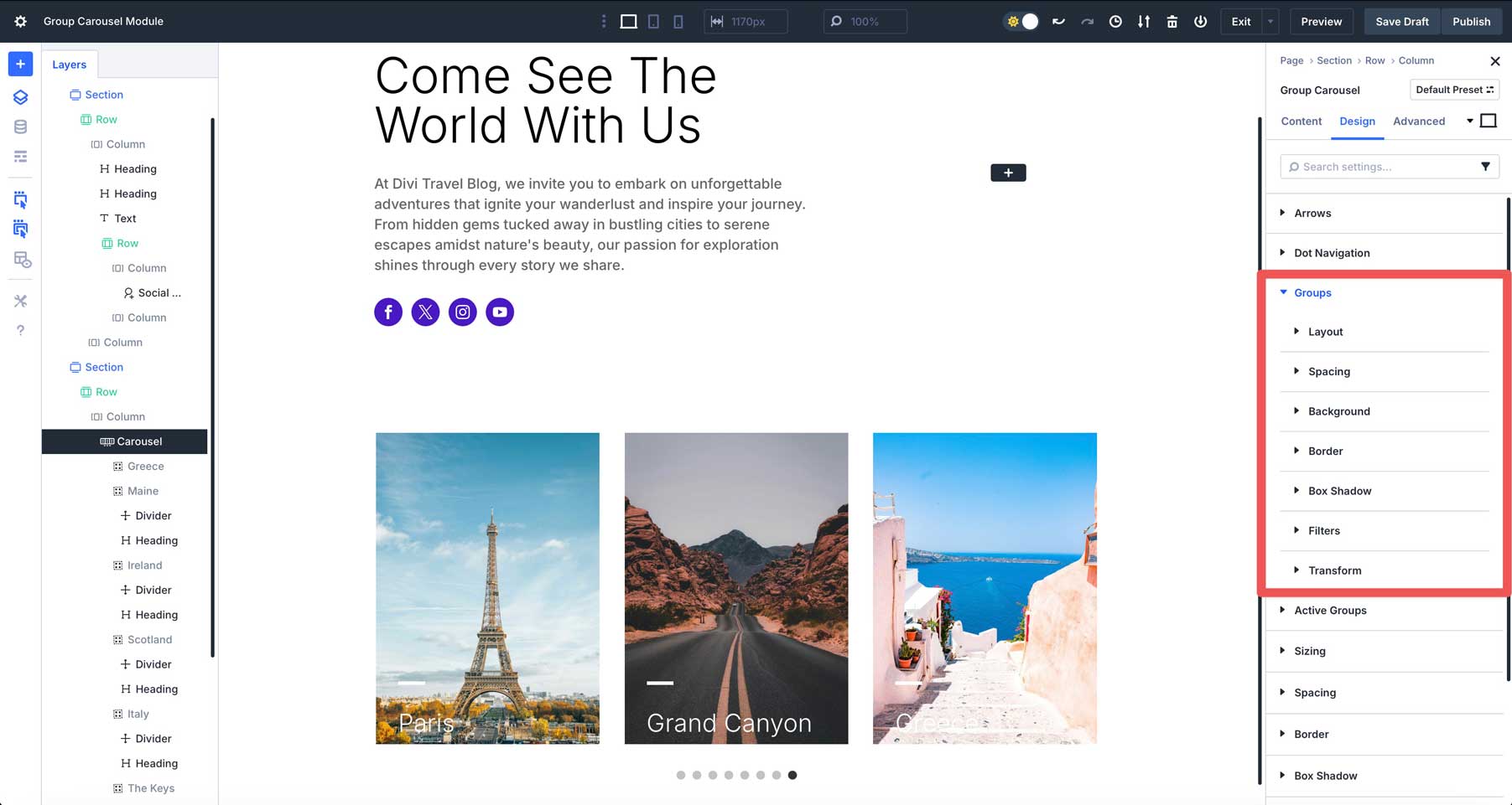 Divi 5中的組旋轉木載模塊