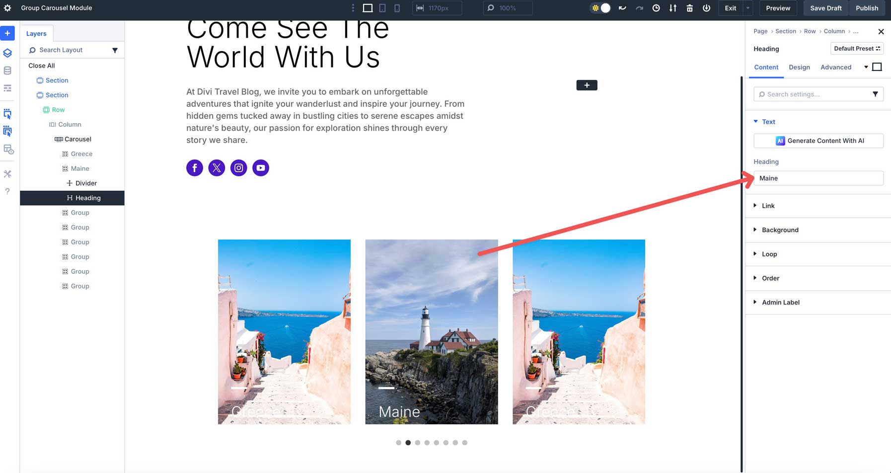 Divi 5中的組旋轉木載模塊