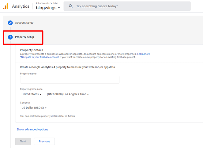 property setup google analytics