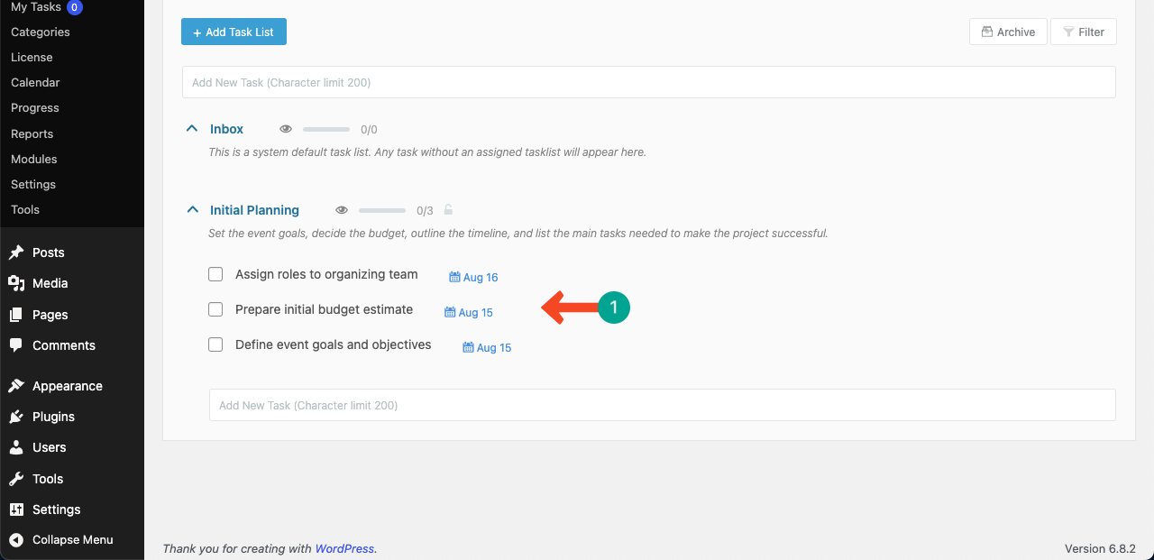 Tarefas adicionadas ao gerente de projeto WP