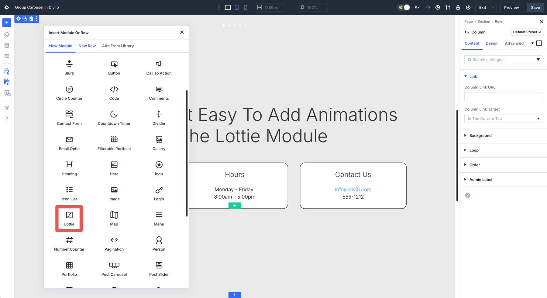 Moduł Lottie w Divi 5