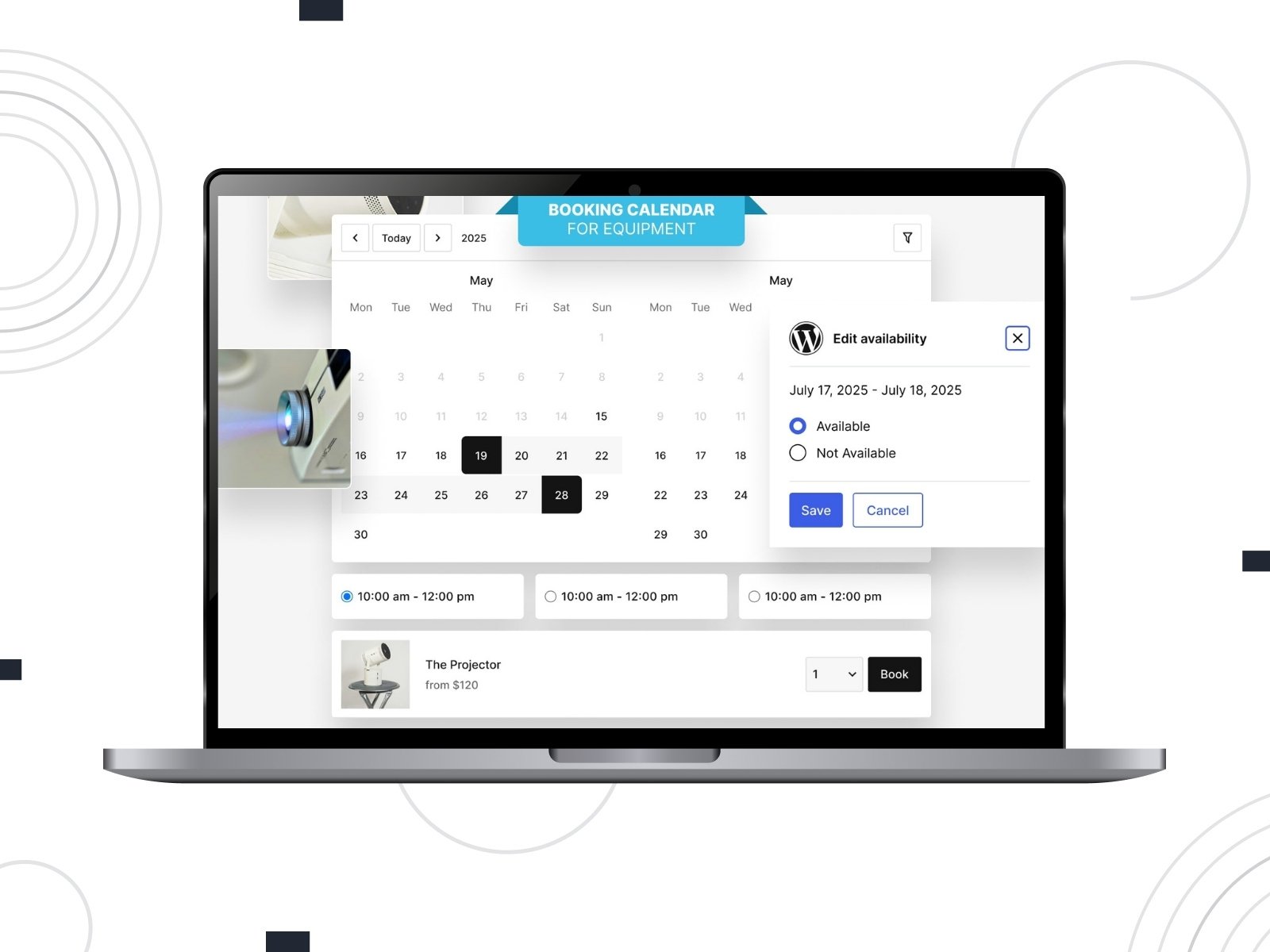 랩톱 화면에서 Motopress 예약 캘린더 장비 설정의 콜라주.