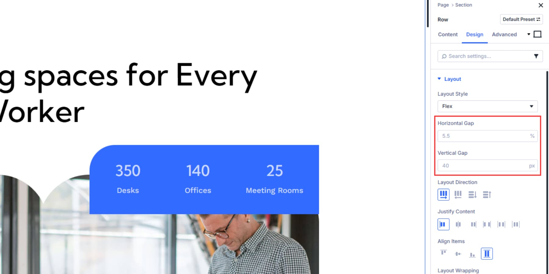Divi 5の水平および垂直ギャップを見つける場所のスクリーンショット