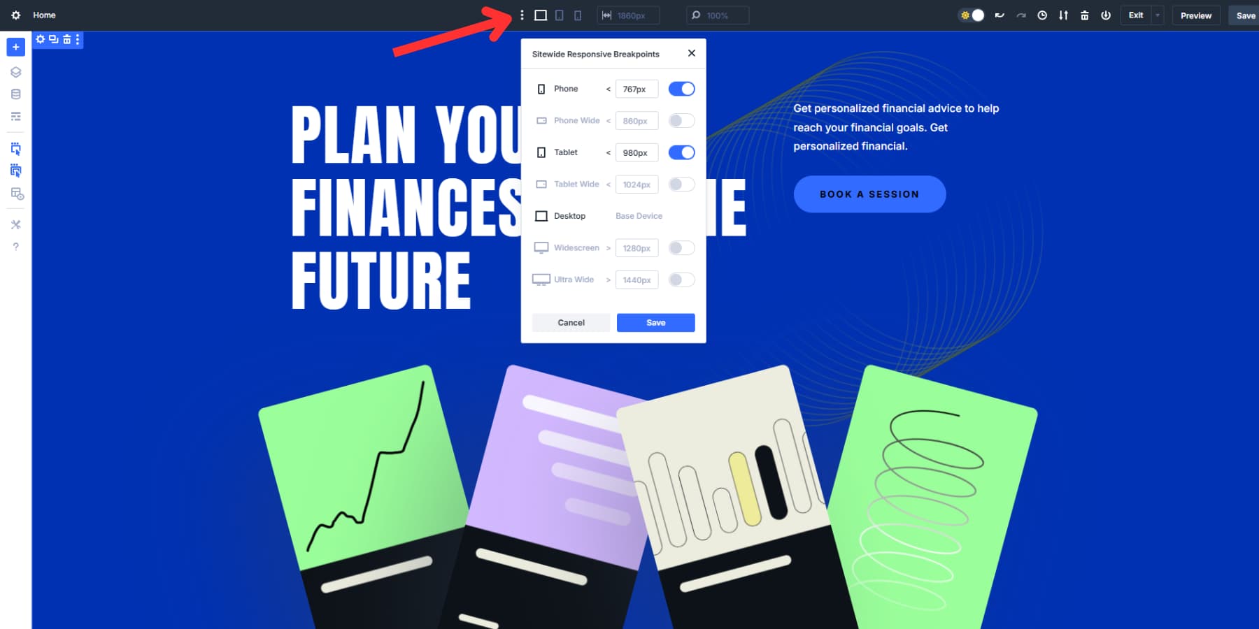 Divi 5のカスタムブレークポイントオプションを見つける場所のスクリーンショット
