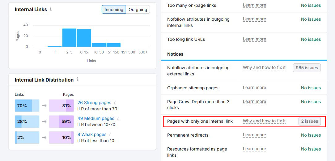 Semrush内部リンクレポートに1つの内部リンクの問題があるページ