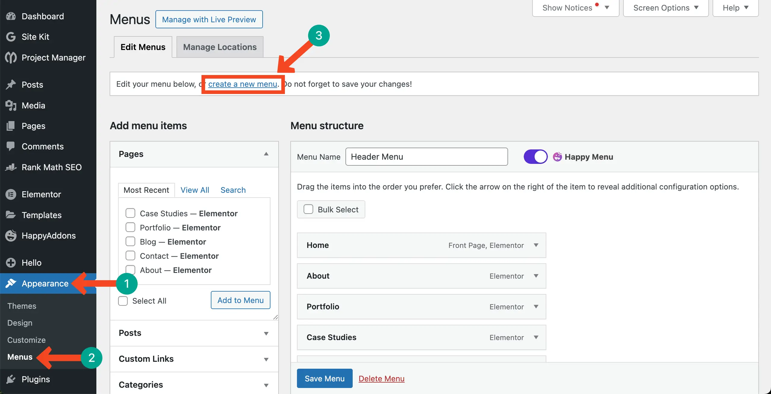 如何使用Elementor 7在WordPress中按類別顯示博客文章 Go to the WordPress Menu option