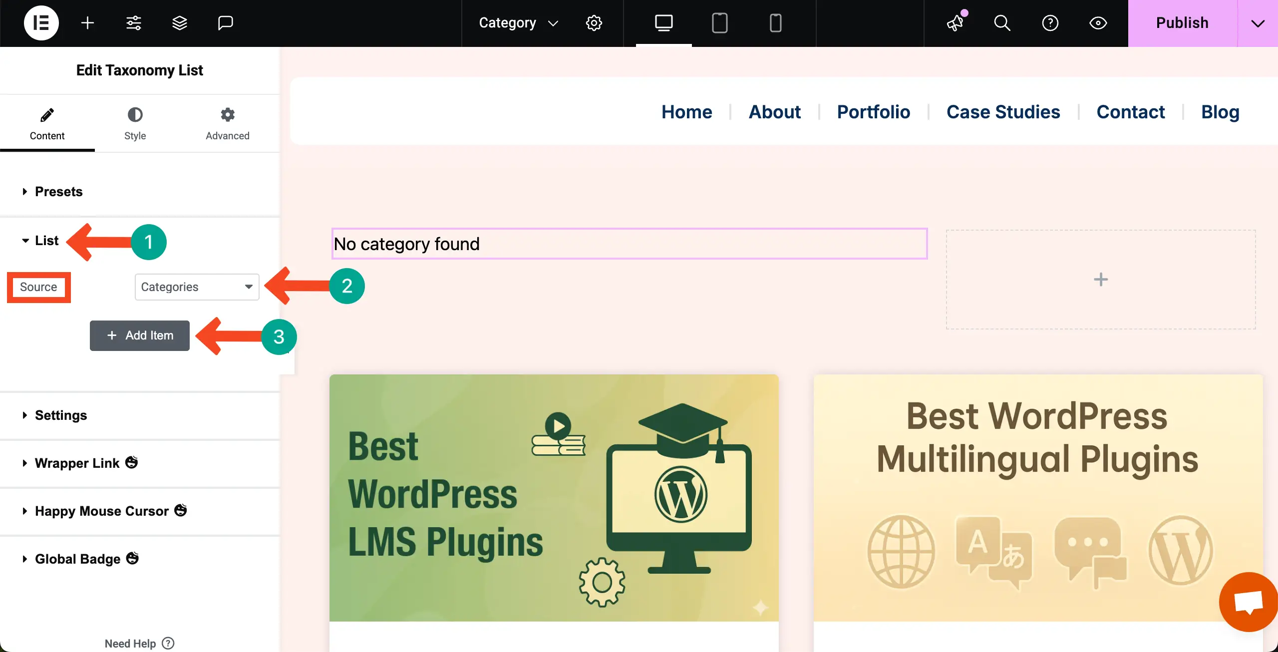如何使用Elementor 26在WordPress中按類別顯示博客文章 Select the Category option