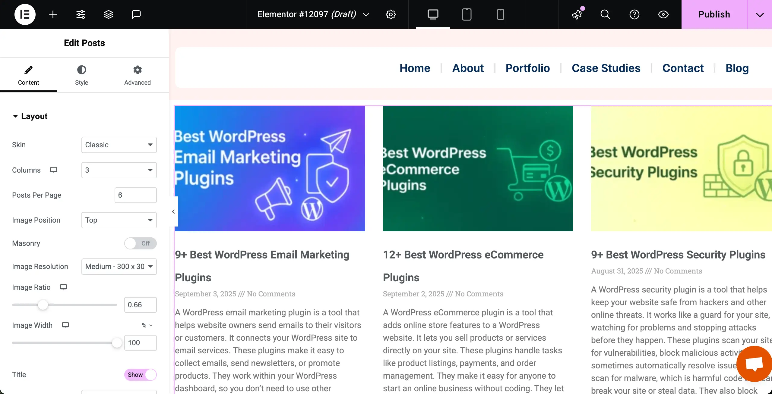 如何使用Elementor 5在WordPress中按類別顯示博客文章 Posts widget is added to the Elementor Canvas