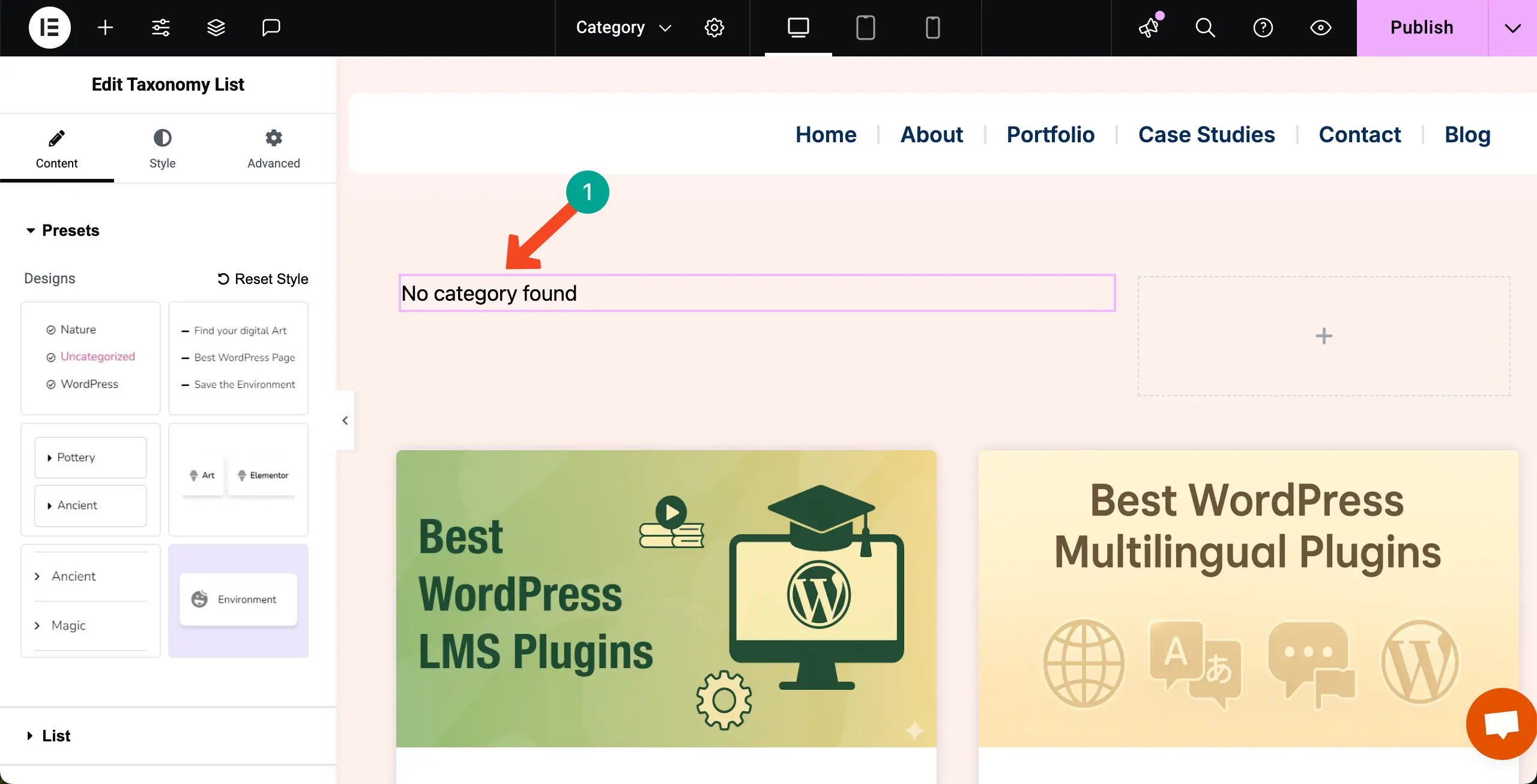 如何使用Elementor 25在WordPress中按類別顯示博客文章 Taxonomy List widget is added