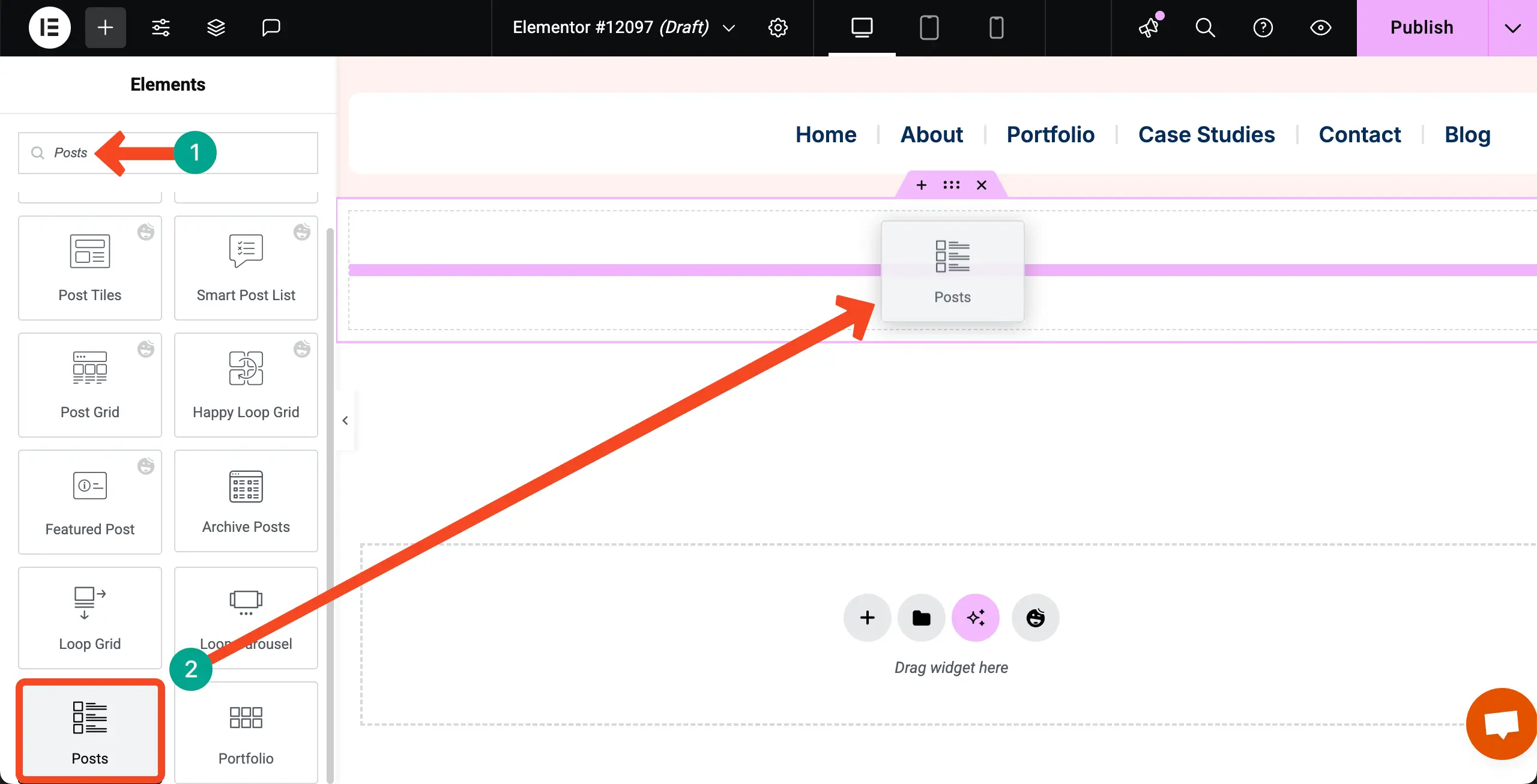 如何使用Elementor 4在WordPress中按類別顯示博客文章 Drag and Drop the Posts Widget to Your Container