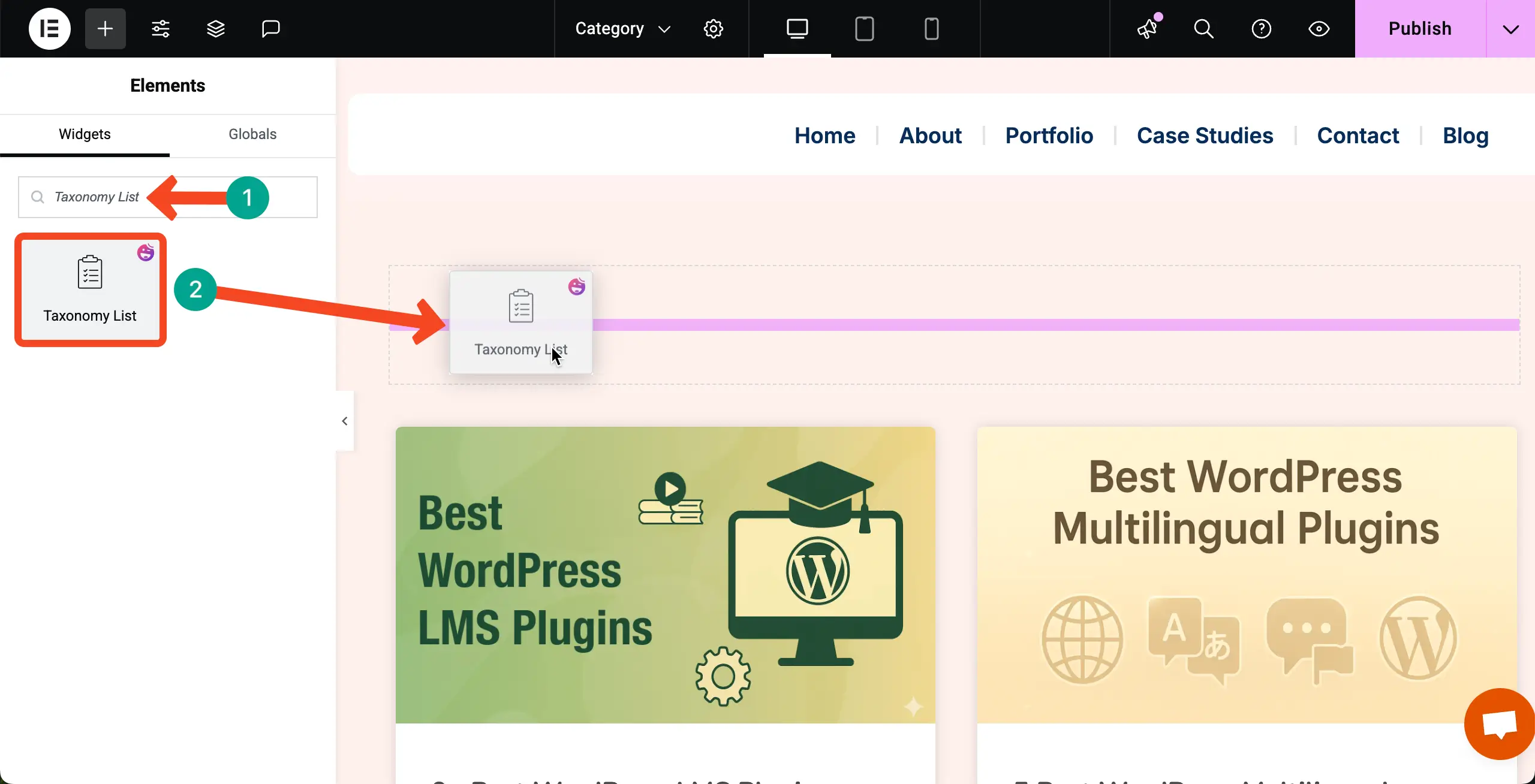 如何使用Elementor 24在WordPress中按類別顯示博客文章 Place the Taxonomy List widget