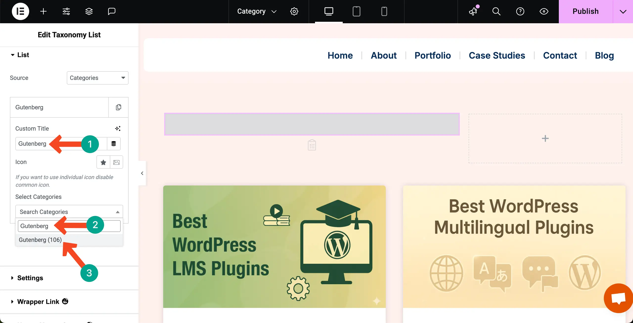 如何使用Elementor 27在WordPress中按類別顯示博客文章 Select and add a category