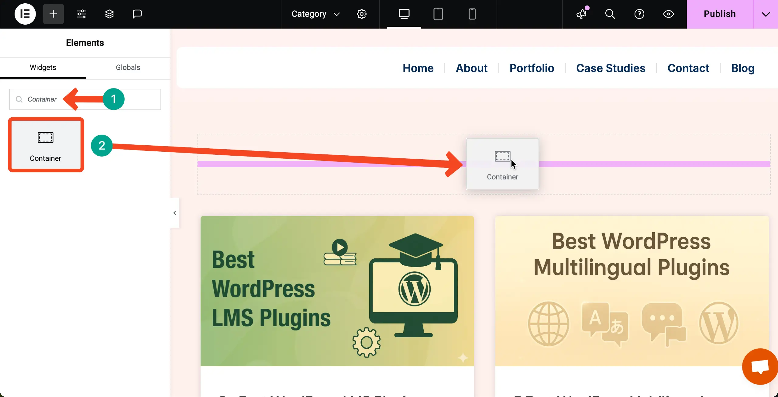 如何使用Elementor 23在WordPress中按類別顯示博客文章 Add a container to place the Taxonomy List widget