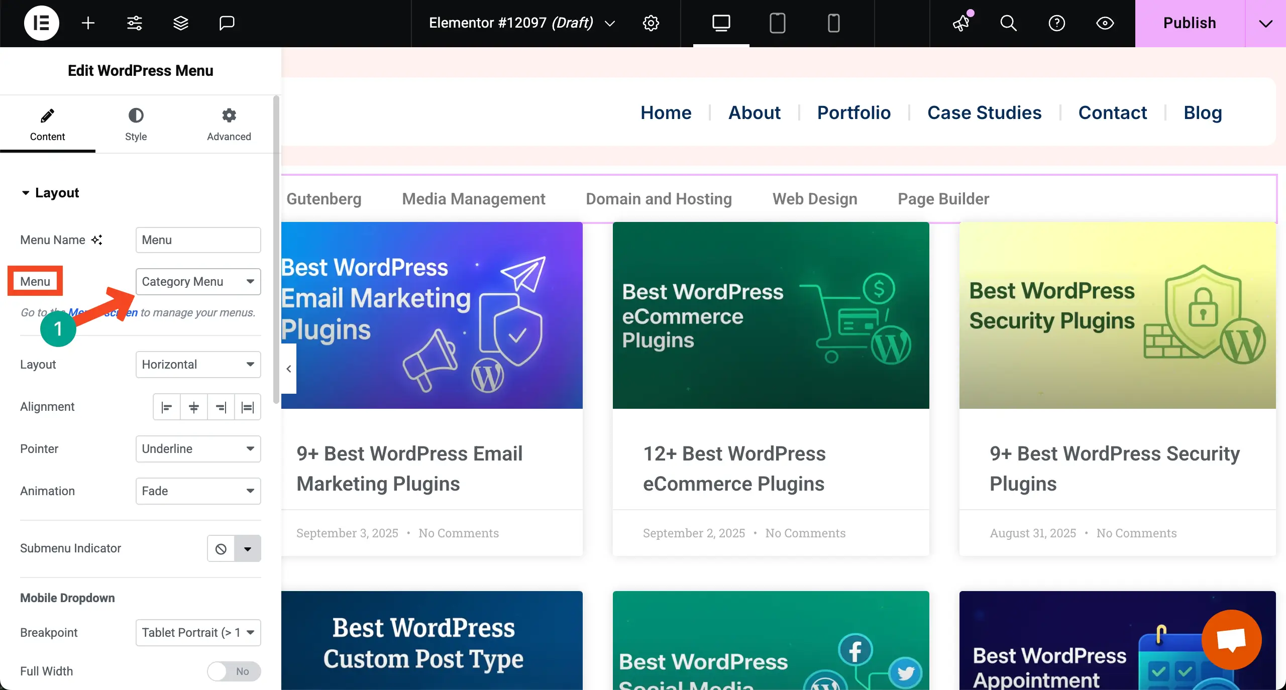 如何使用Elementor 12在WordPress中按類別顯示博客文章 Select the menu
