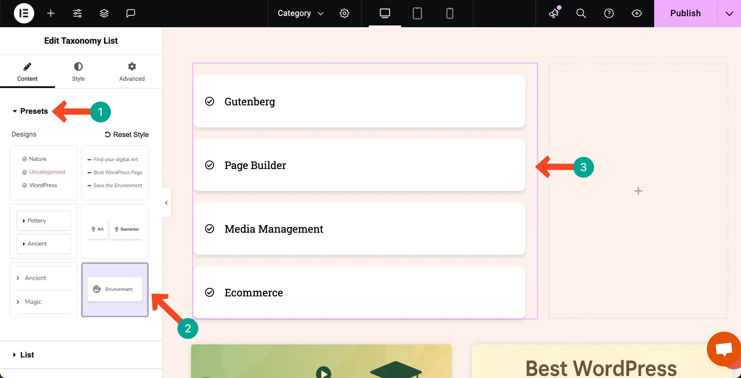 如何使用Elementor 29在WordPress中按類別顯示博客文章 Select a preset for the categories