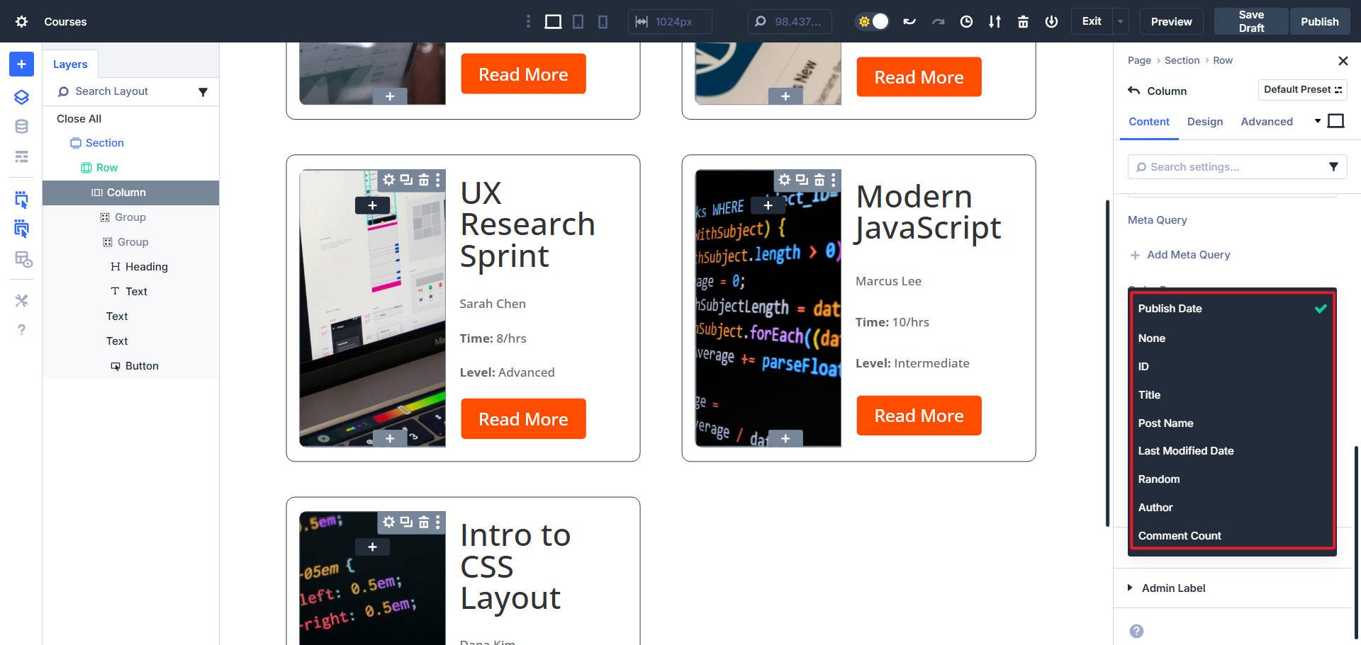 Divi Loop Builder查詢中的選項訂購