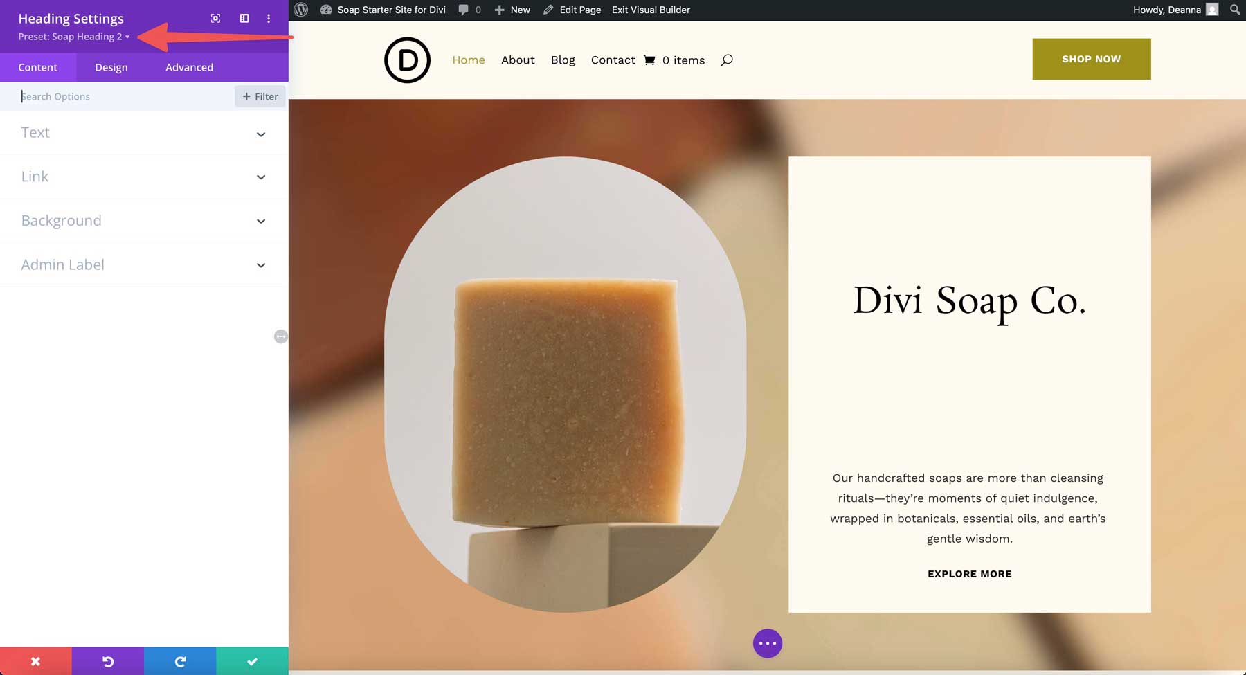 Site -ul de pornire pentru săpun pentru Divi