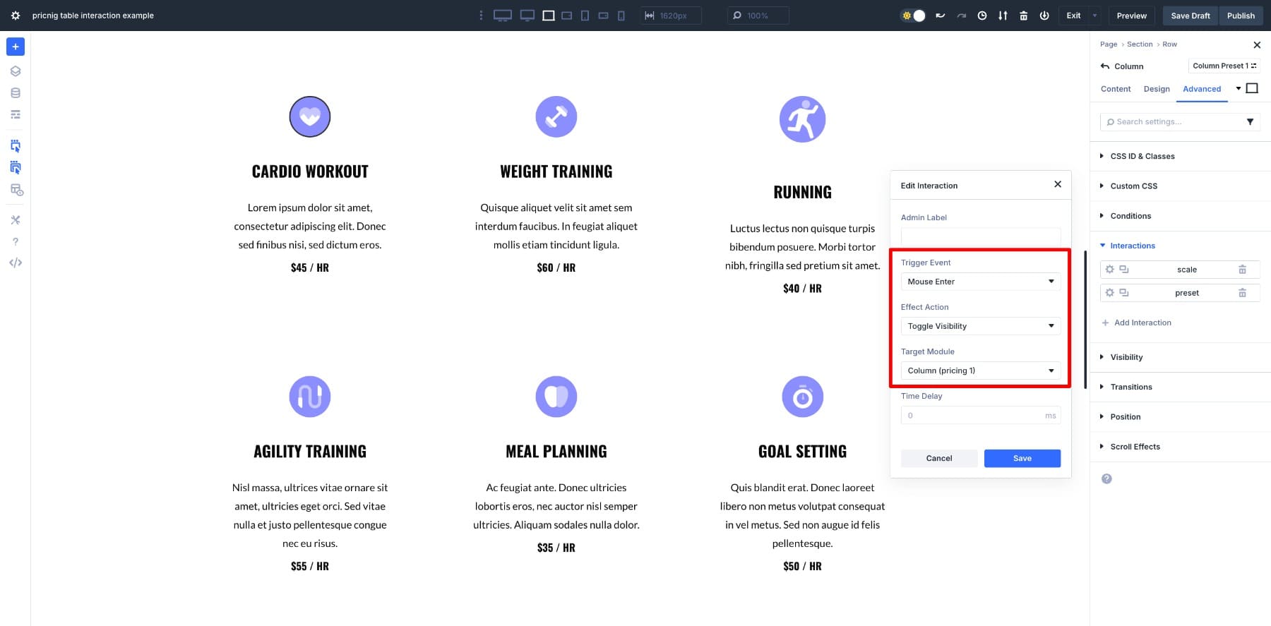 desencadenar, efecto y objetivo en Divi 5