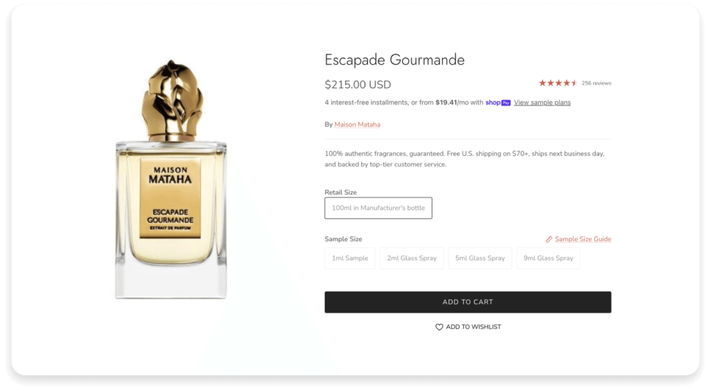 Una bottiglia di profumo in vendita su un sito web del negozio online.