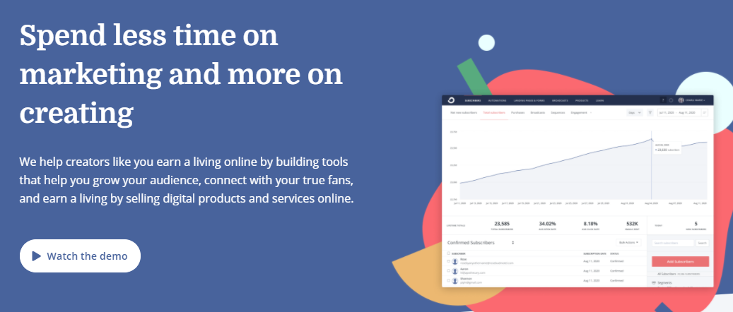 Pagina principală ConvertKit pentru serviciile de marketing prin e-mail.