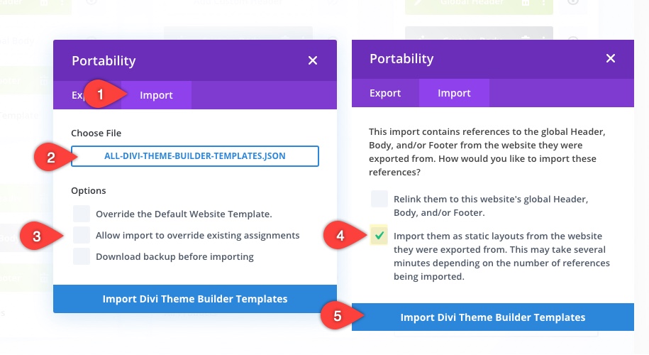 Options de portabilité du générateur de thème Divi
