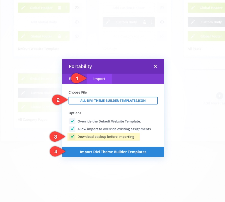 Options de portabilité du générateur de thème Divi