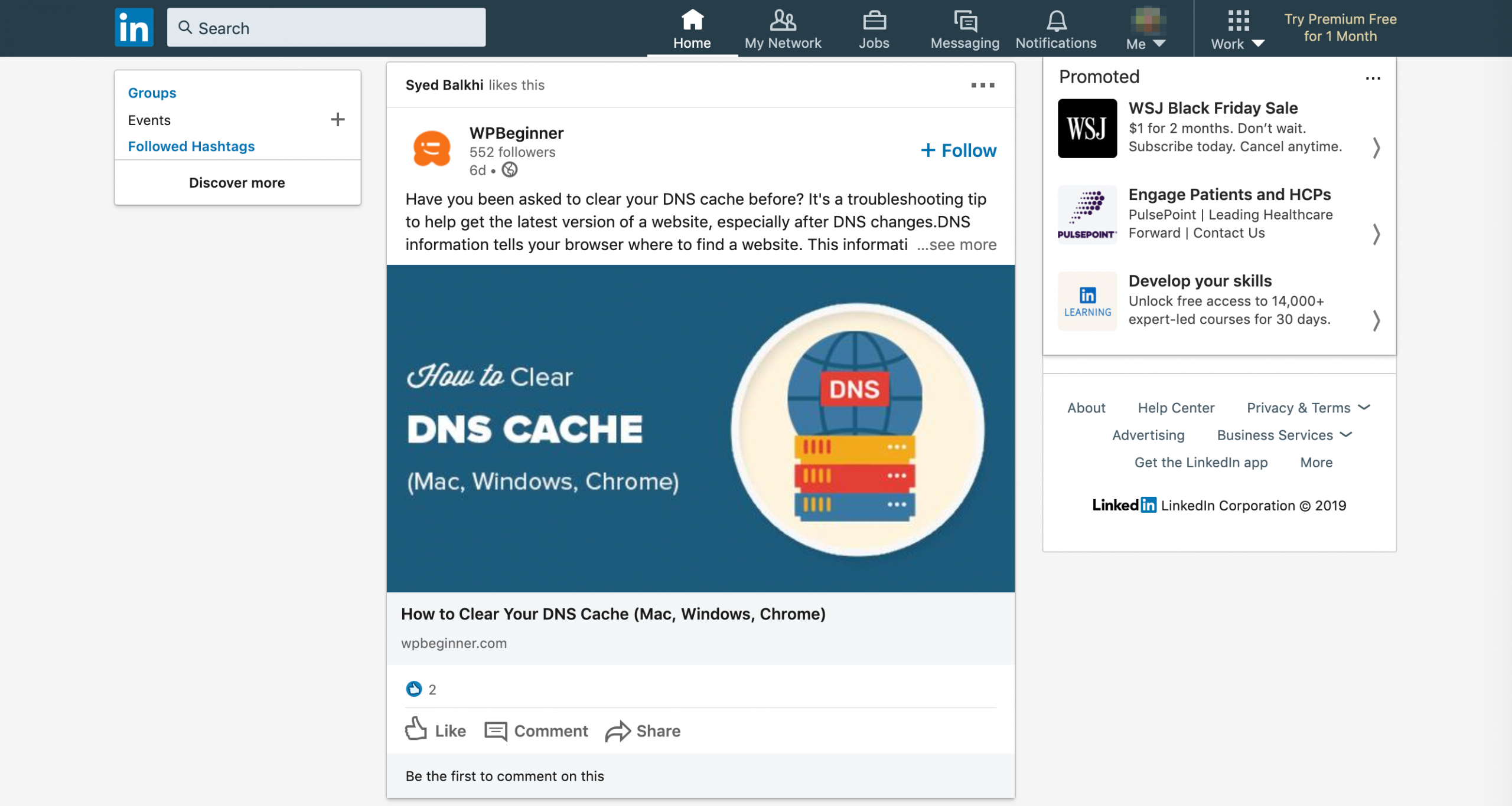 Un exemple de page d'accueil LinkedIn.