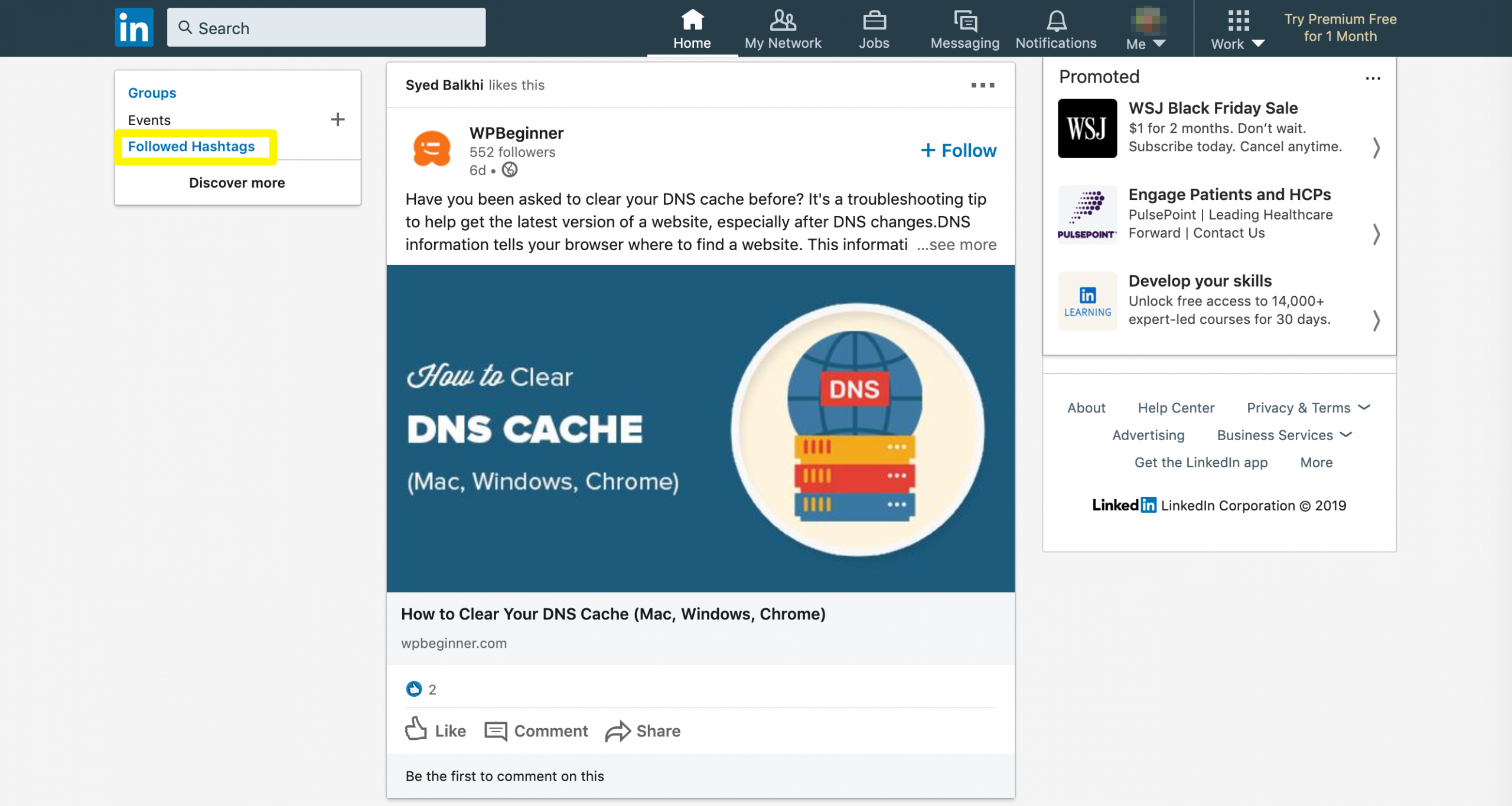 L'option Hashtags suivis dans LinkedIn.