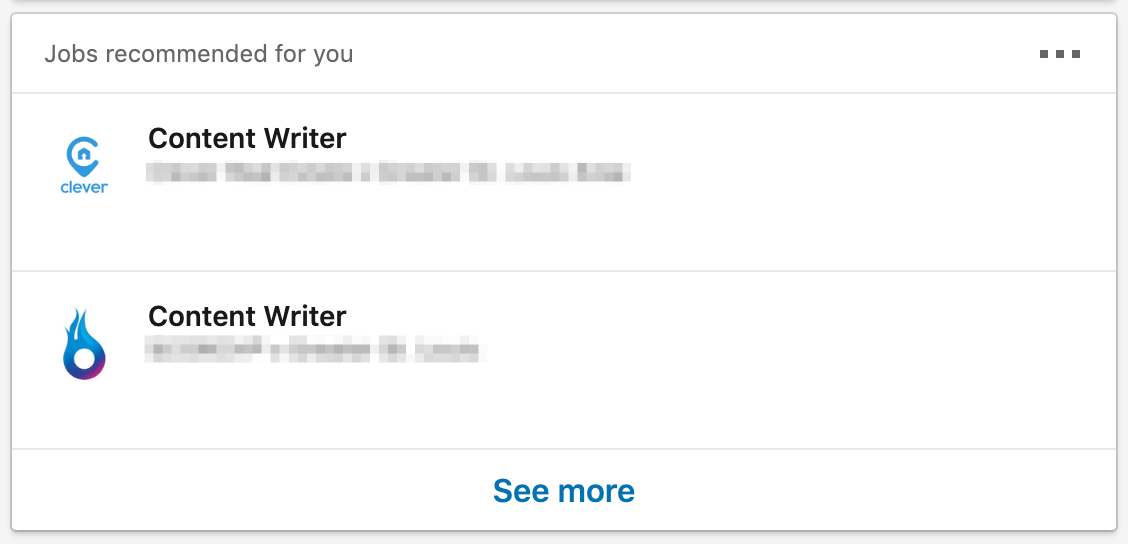 Offres d'emploi recommandées à partir d'une page d'accueil LinkedIn.