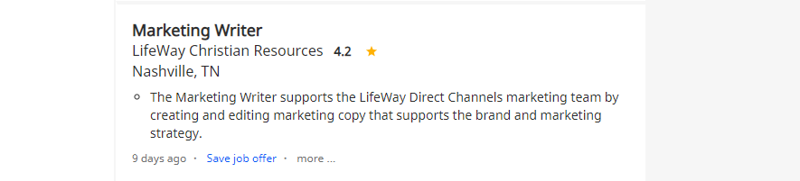 Un exemple d'une liste d'emplois de rédaction marketing.