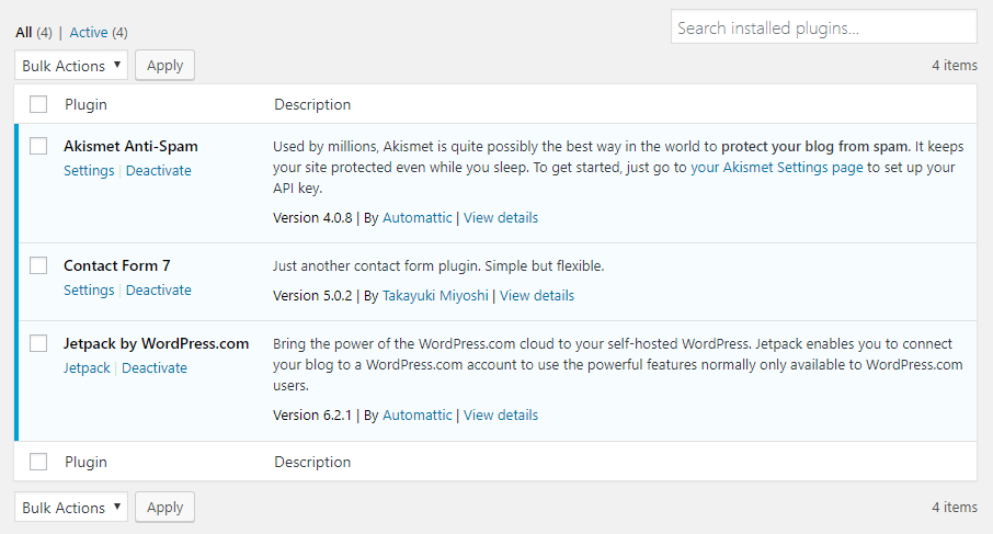 Desativando plug-ins do WordPress no painel.