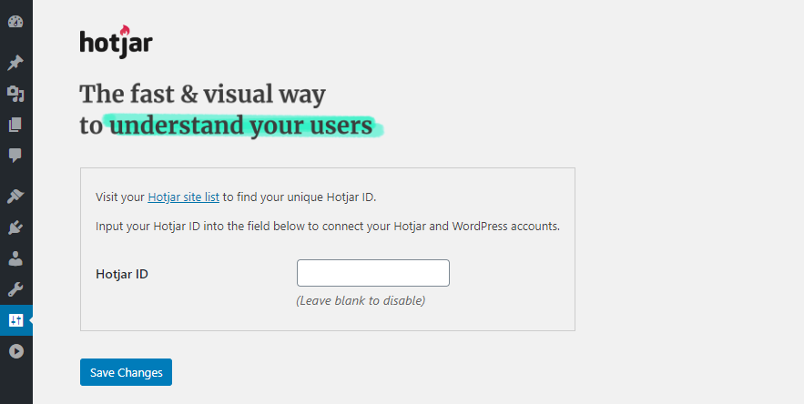 Inserindo seu ID de site Hotjar.