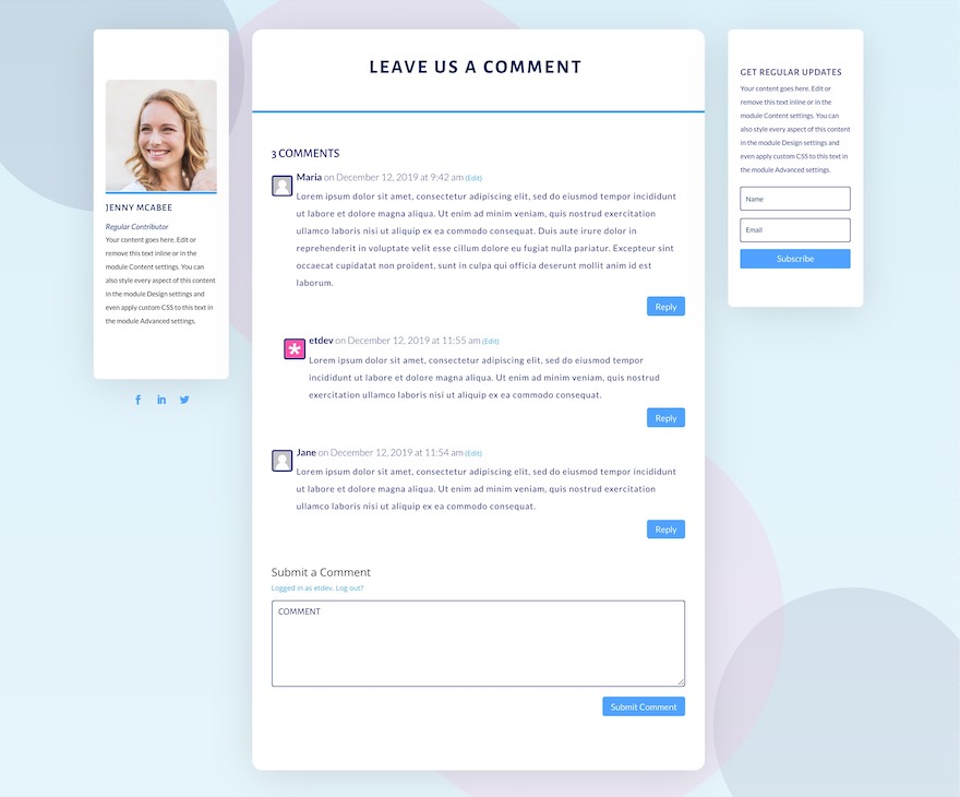 Modulul Comentarii Divi în cadrul unui șablon de postare pe blog