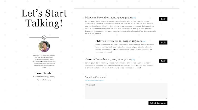 Modulul Comentarii Divi în cadrul unui șablon de postare pe blog