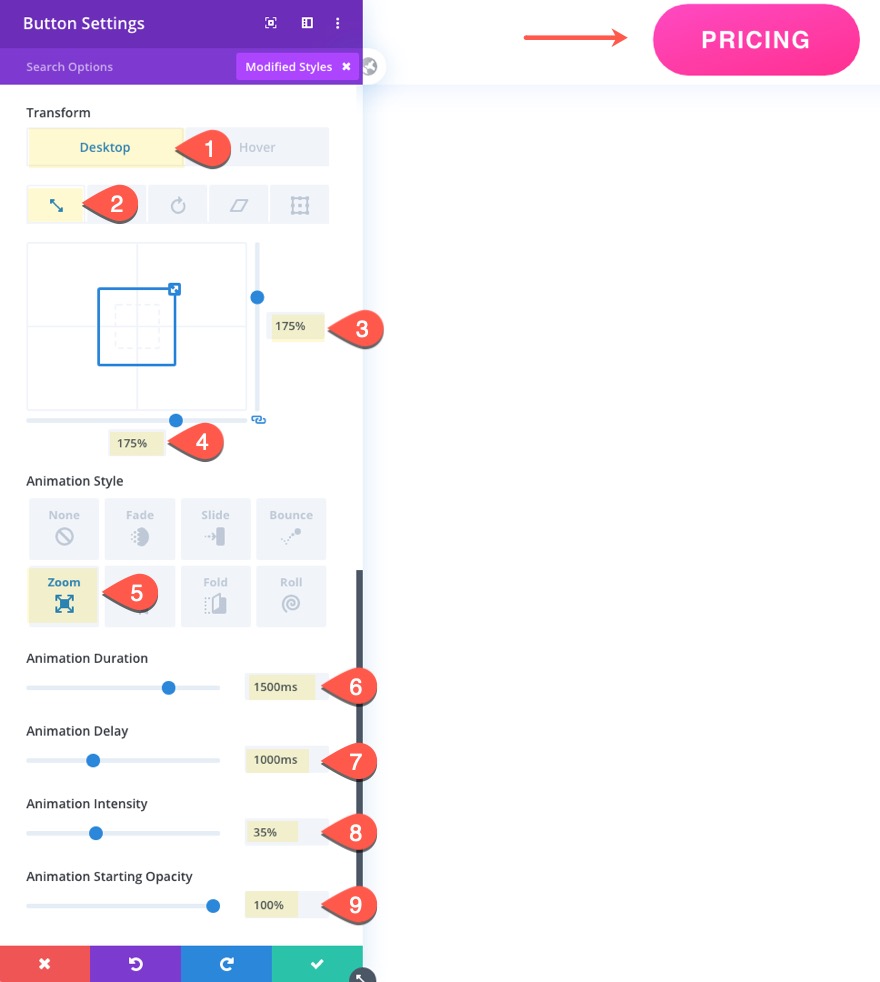 Animasi tombol tertunda Divi