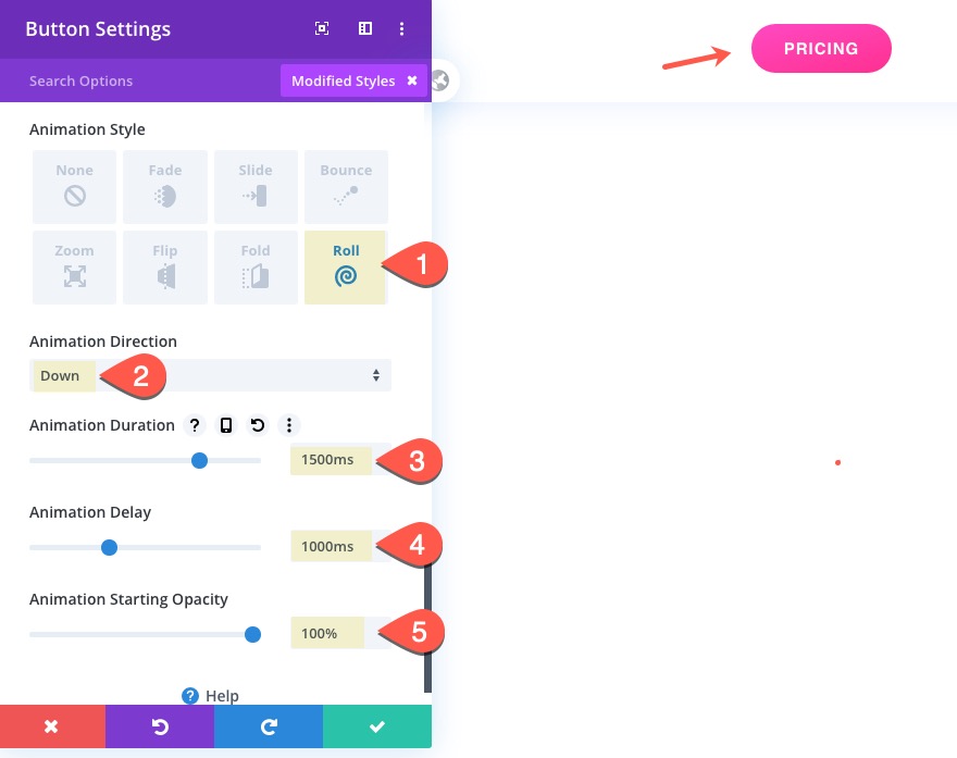 Animasi tombol tertunda Divi
