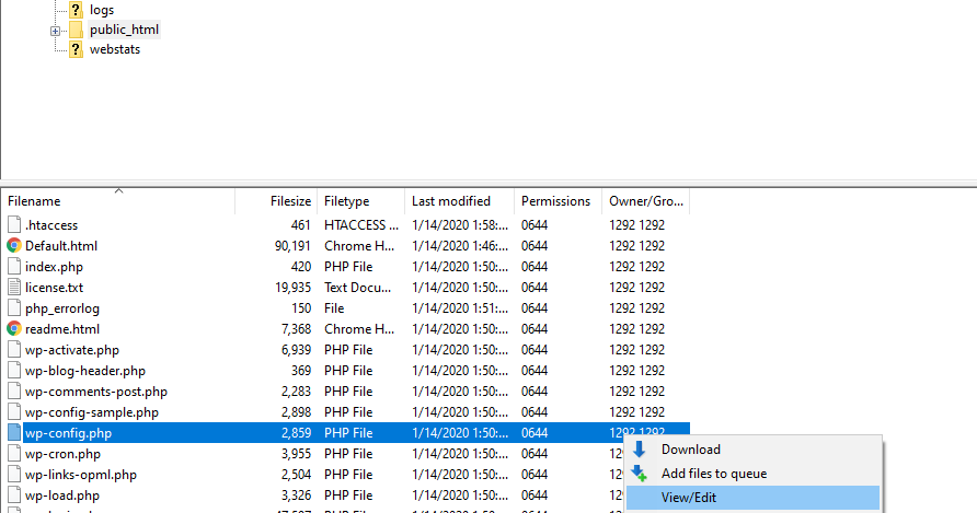 Editarea fișierului wp-config.php.