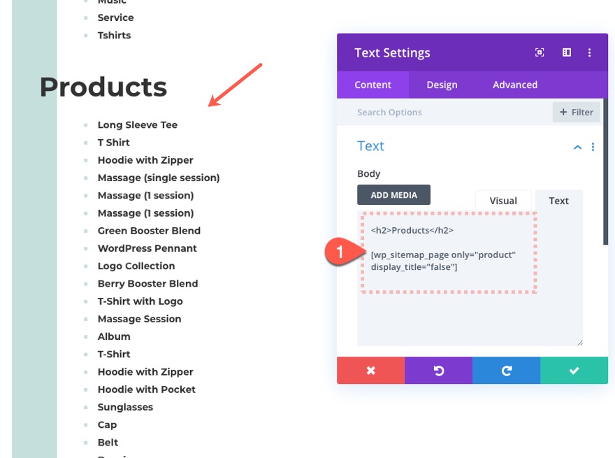 Divi html หน้าแผนผังเว็บไซต์