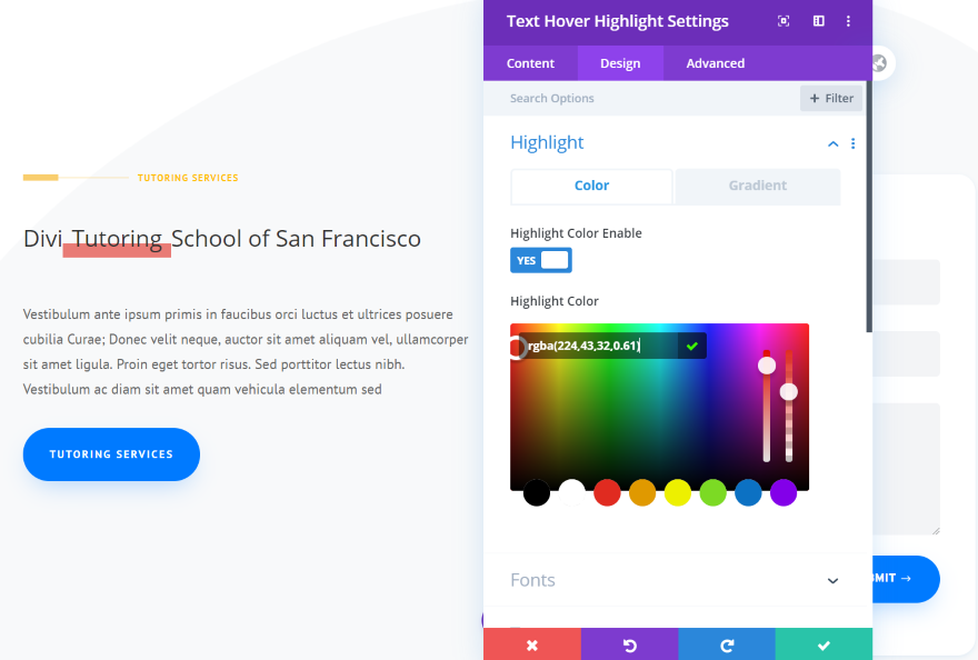 Divi Next Teksty Podświetlenie tekstu po najechaniu kursorem