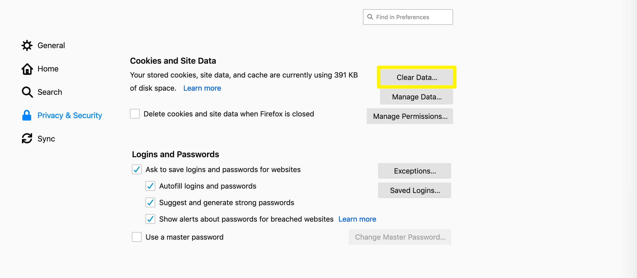 Wybranie opcji Wyczyść dane w Firefoksie.