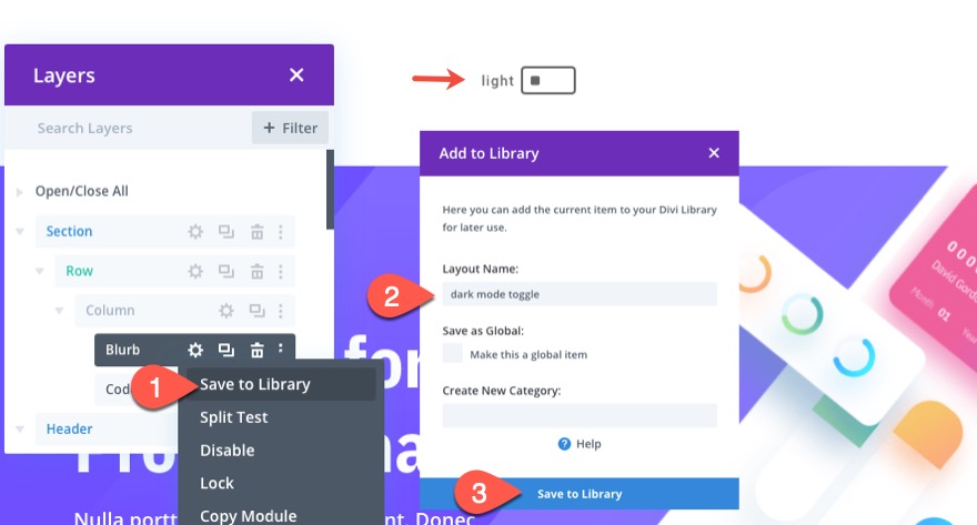 สลับโหมดมืดใน Divi