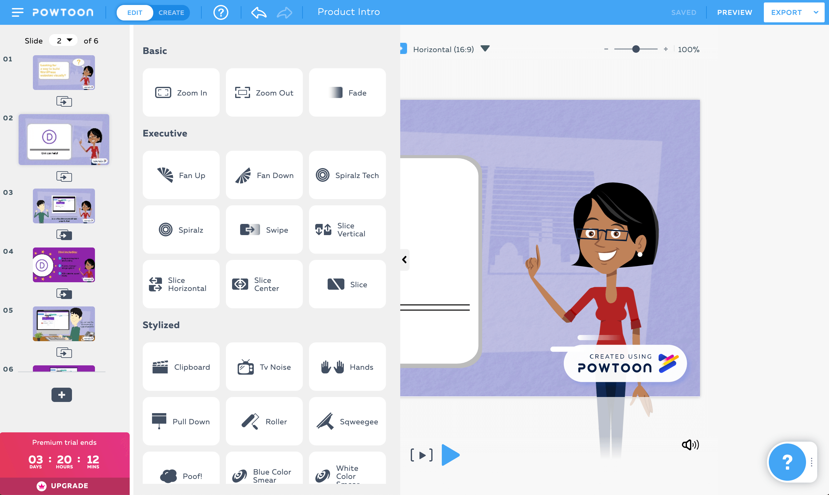 การเลือกการเปลี่ยนจากไลบรารี Powtoon