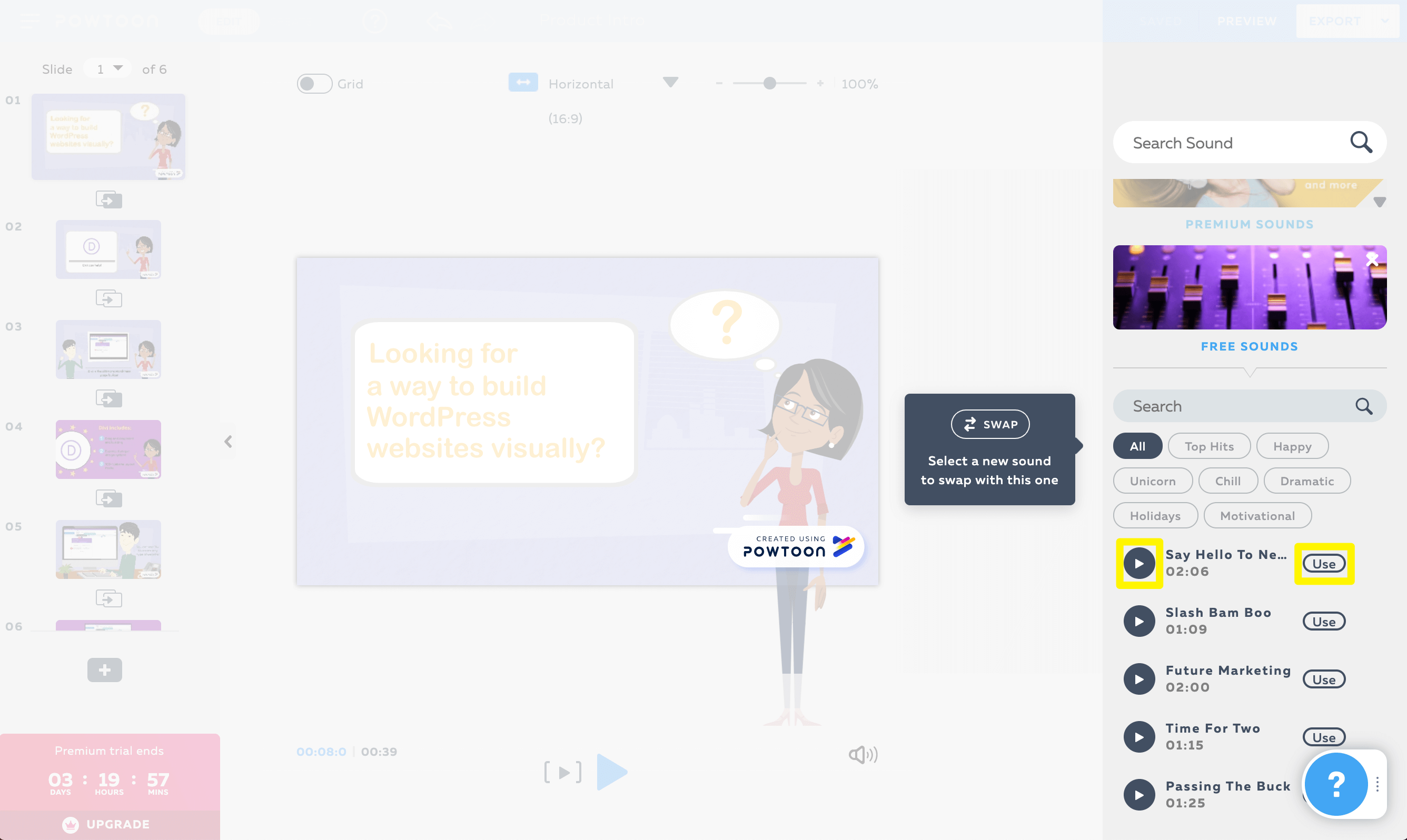 การเลือกเพลงจากไลบรารีเสียง Powtoon