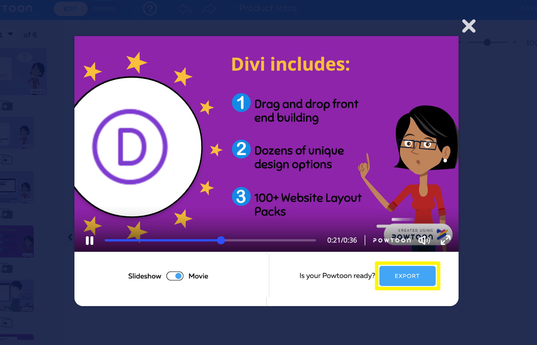 การส่งออกวิดีโอ Powtoon ที่เสร็จสมบูรณ์