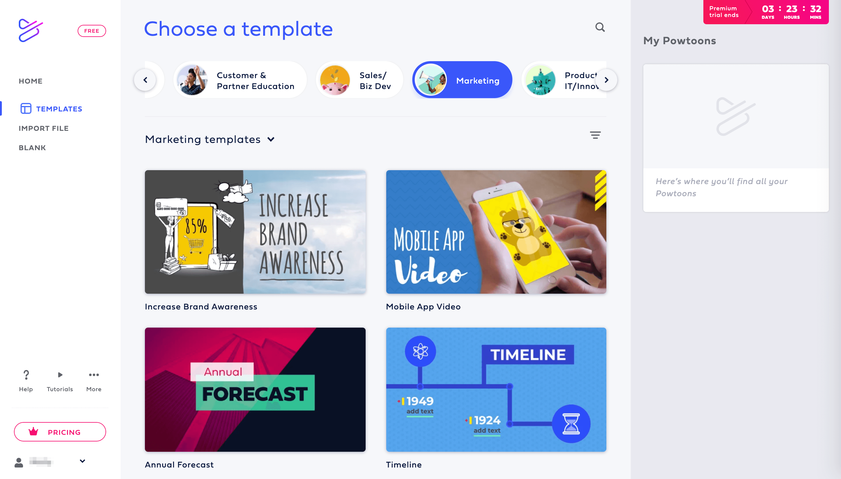 การเรียกดูไลบรารีเทมเพลต Powtoon